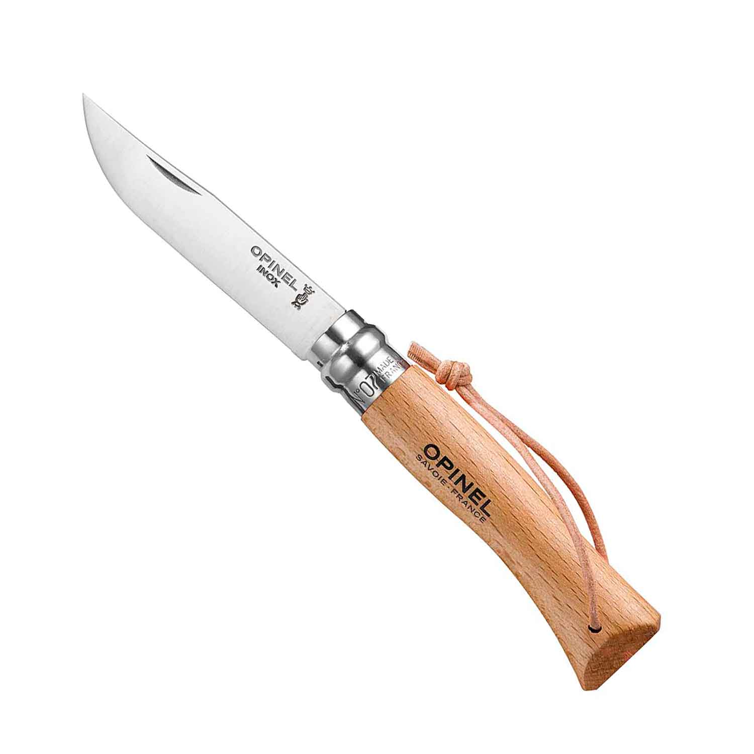 OPINEL N°7 Chromstahl - mit Buchenholzgriff mit Lederband