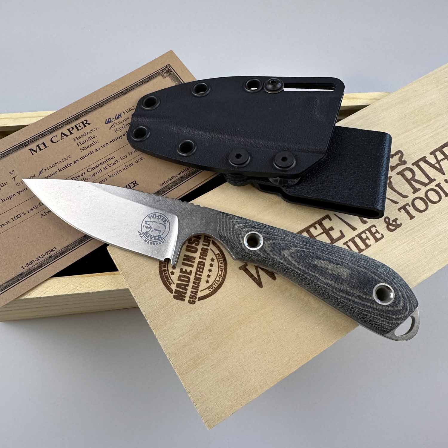White River Model 1 Pro Caper Magnacut - Black & Olive Drab Linen Micarta Griff