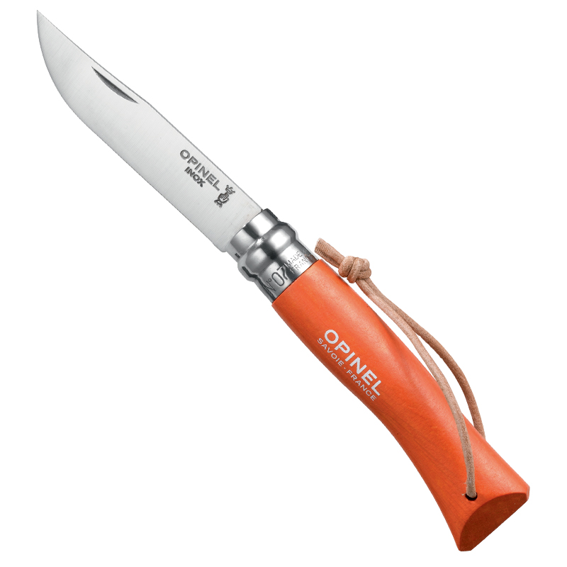 OPINEL N°7 "COLORAMA SPORT" - Chromstahl - orangefarbener Buchenholzgriff mit Lederband