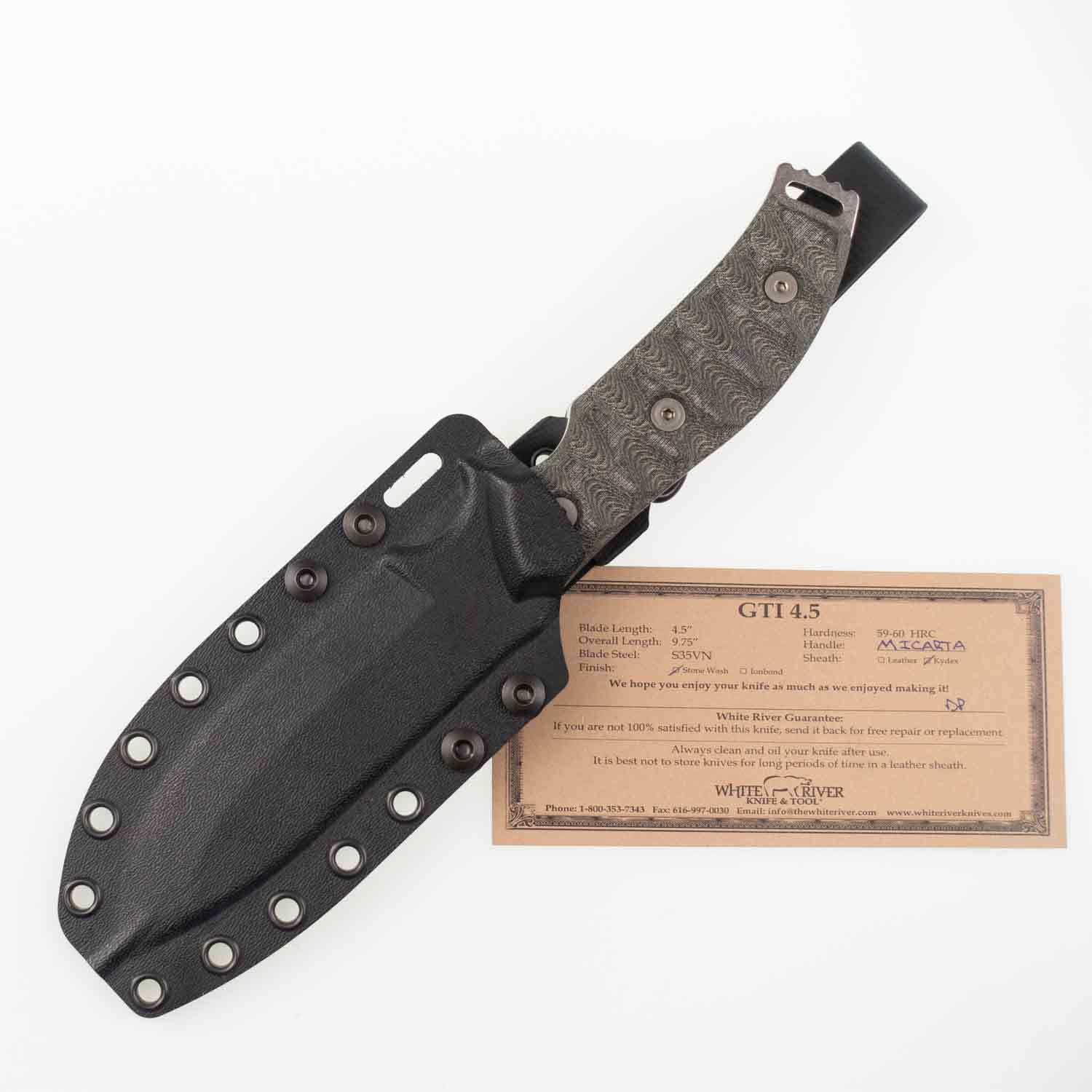 White River GTI 4.5 - Black/Olive Micarta - Stonewash Klinge