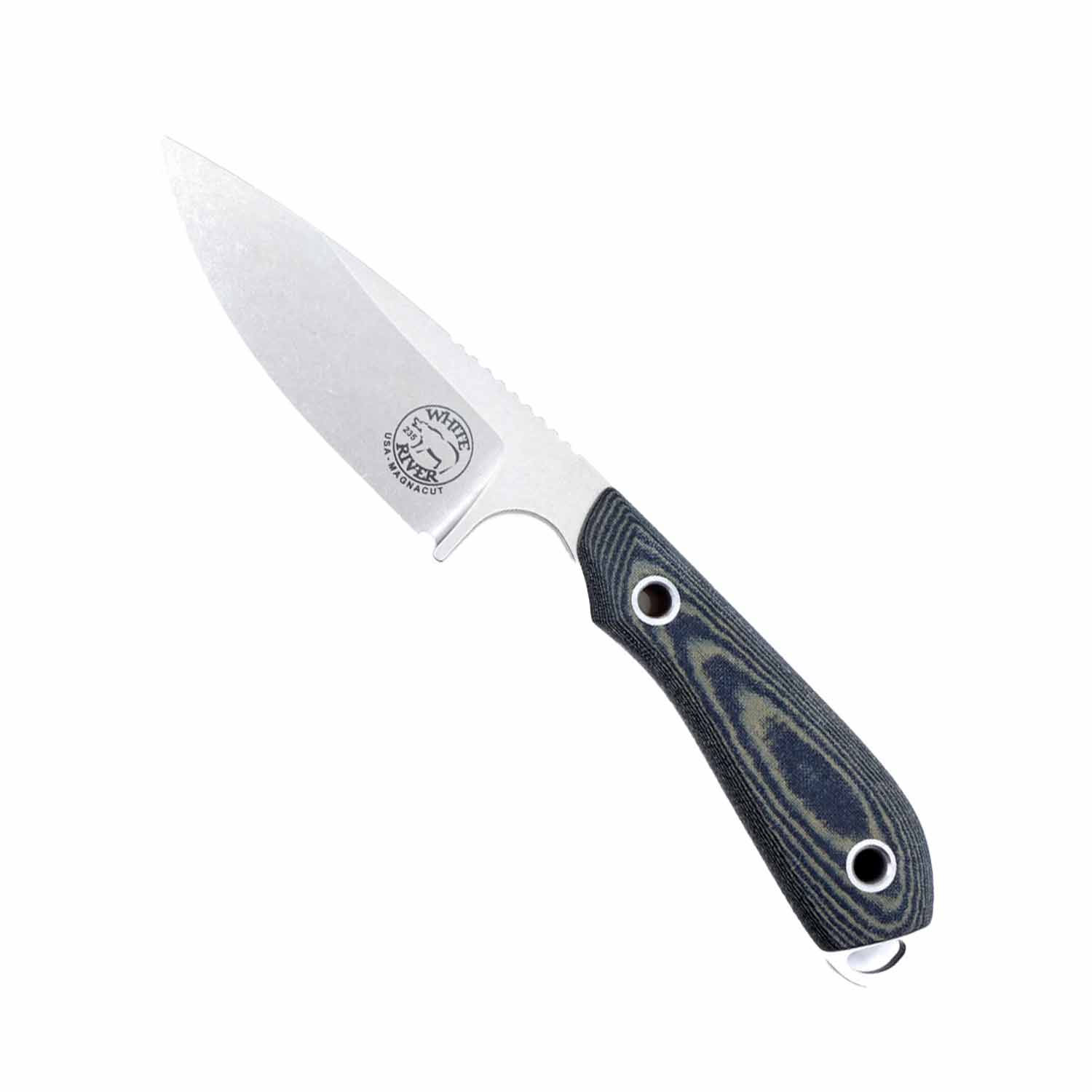White River Model 1 Pro Caper Magnacut - Black & Olive Drab Linen Micarta Griff