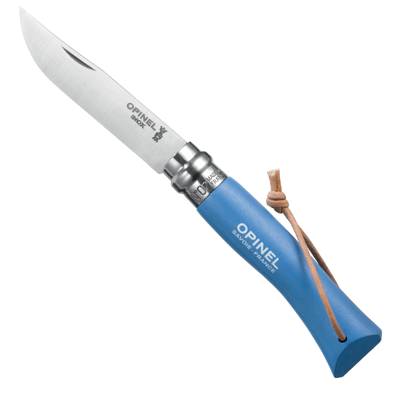 OPINEL N°7 Chromstahl - blauer Buchenholzgriff mit Lederband