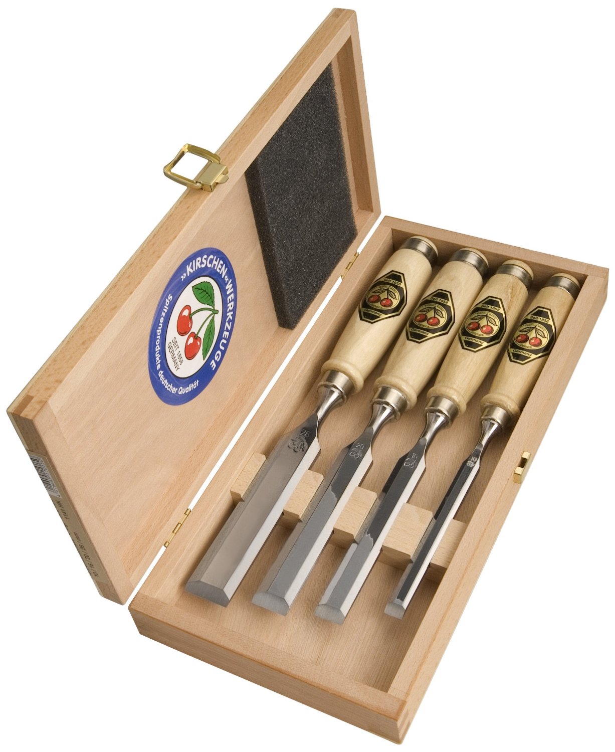 Stechbeitelsatz - mit abgeflachtem Weißbuchenheft im Holzkasten - 10, 16, 20 und 26 mm
