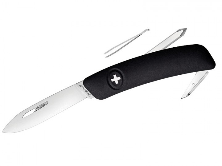 Schweizer Messer mit schwarzem Anti-Rutsch-Griff und 6 Funktionen